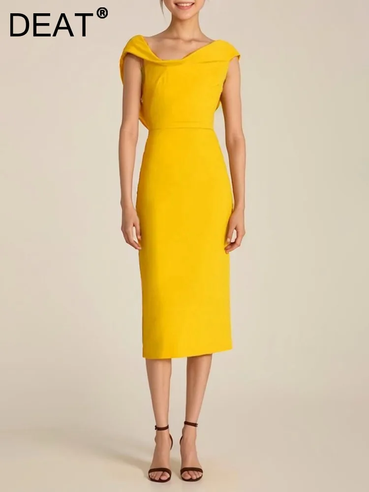 

DEAT 2024 Summer Swinging Collar Back Split Women Dress New High Waist Customized Evening Party Female Dresses Fashion 35Z380