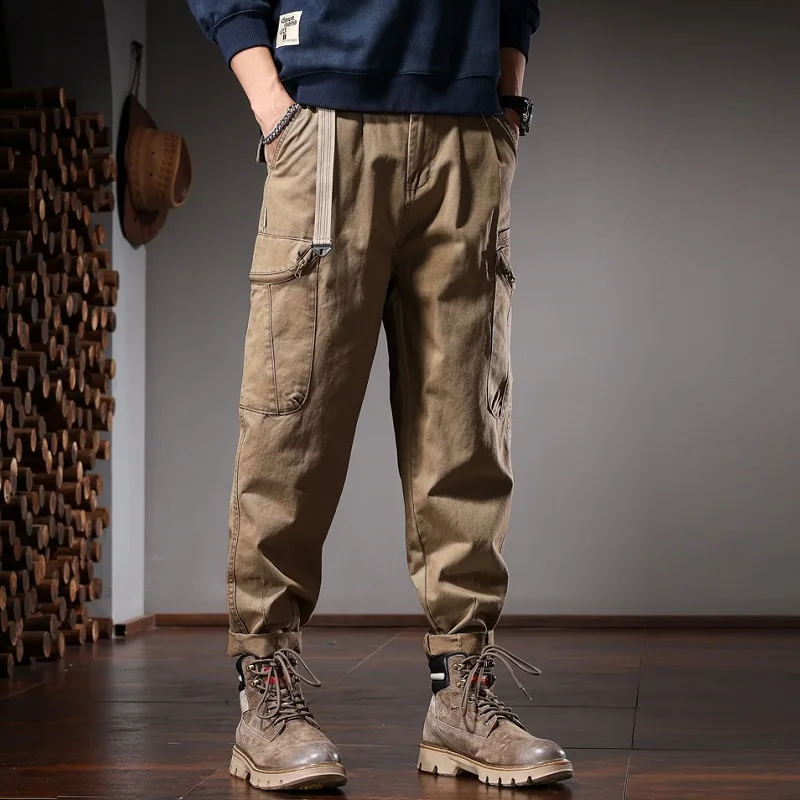 Autumn Cotton Khaki Baggy Cargo Pants Men Streetwear Casual Elastic Waist Belt Loose Straight Leg Trousers