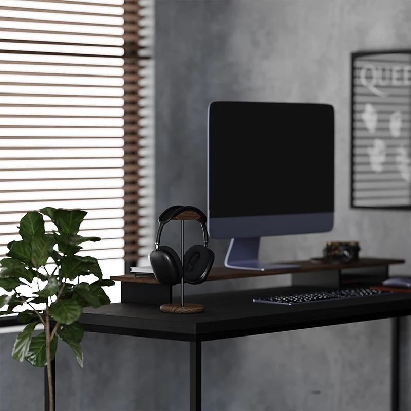 YIEMEEN Walnut Wood Headset Stand In Nature Walnut Surface Gaming Headset Holder With Solid Heavy Base For All Headphone Sizes