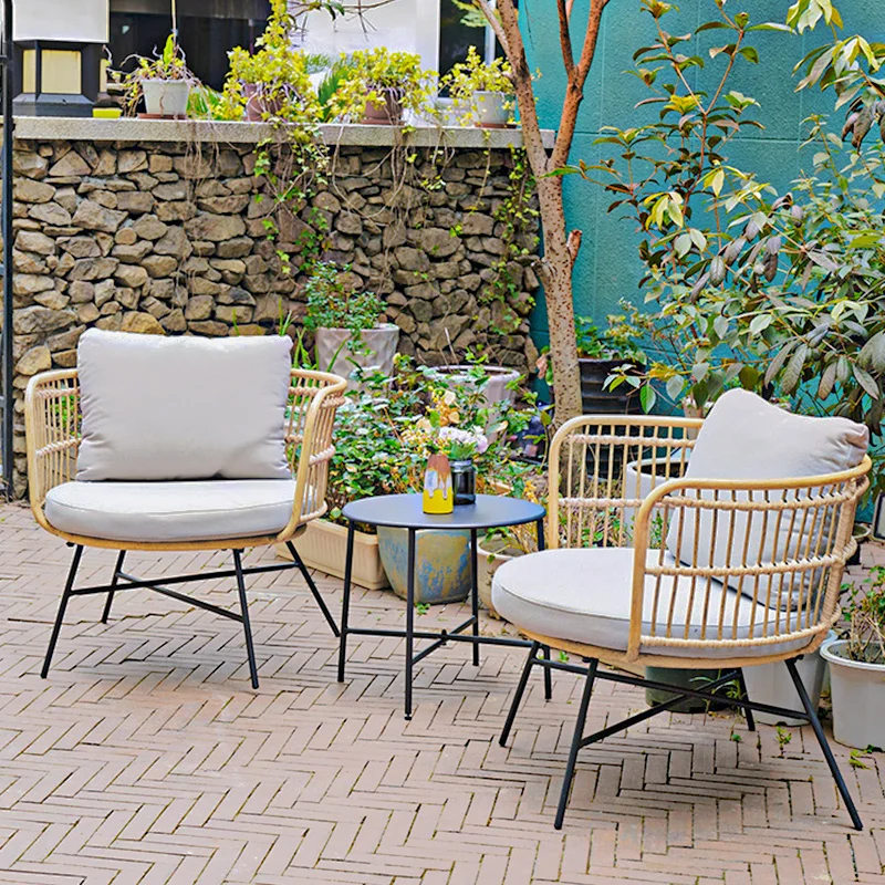

HXL Rattan Chair Three-Piece Courtyard Balcony Occasional Table and Chair Small round Table Tea Table Combination
