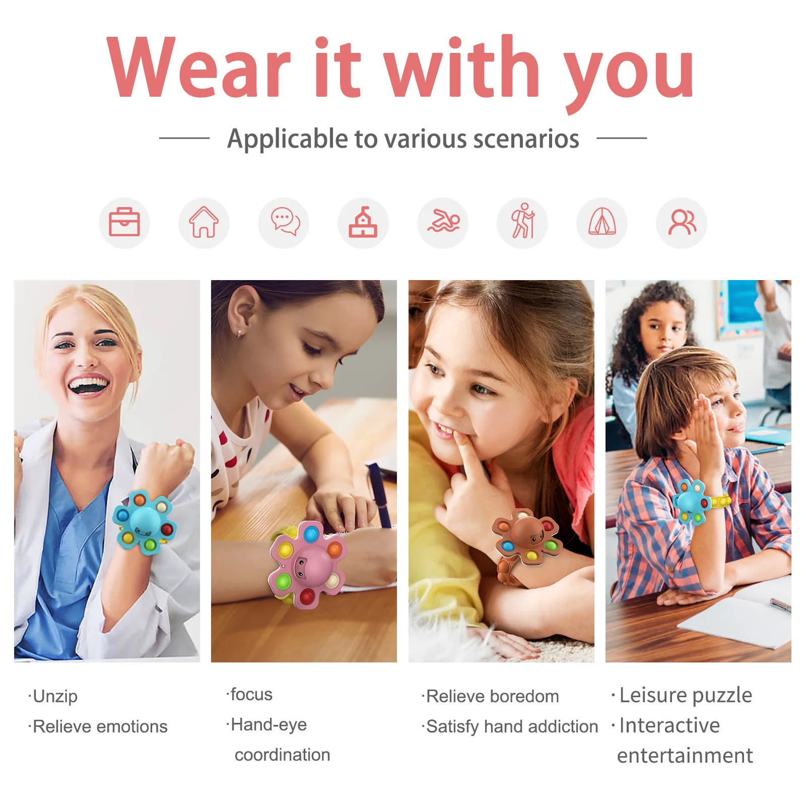 Sensory Fidget Toy Anti Stress Toy Fidget Toy Fingertip Gyroscope Toy Finger Sensory Toy Octopus Wristband Hand Fidget Push POP Antistress Toy Rotating Face Changing Gyro For Children Autism ADHD Spinning Top Bracelet