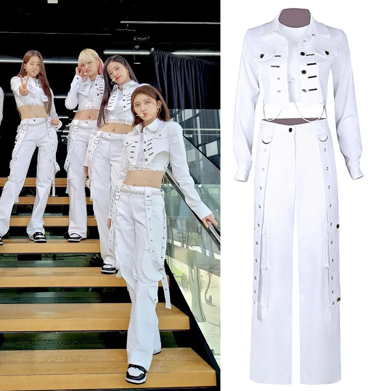 Ive Kpop Korean Women White Slim Crop Top Cargo Pants Concert Outfits