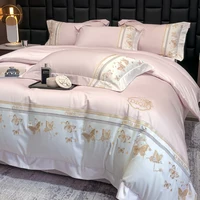 Parure de lit brodée papillon doré 100% coton, ensemble de literie de luxe, housse de couette et de drap-housse athlon, taies d'oreiller, textile de maison 1