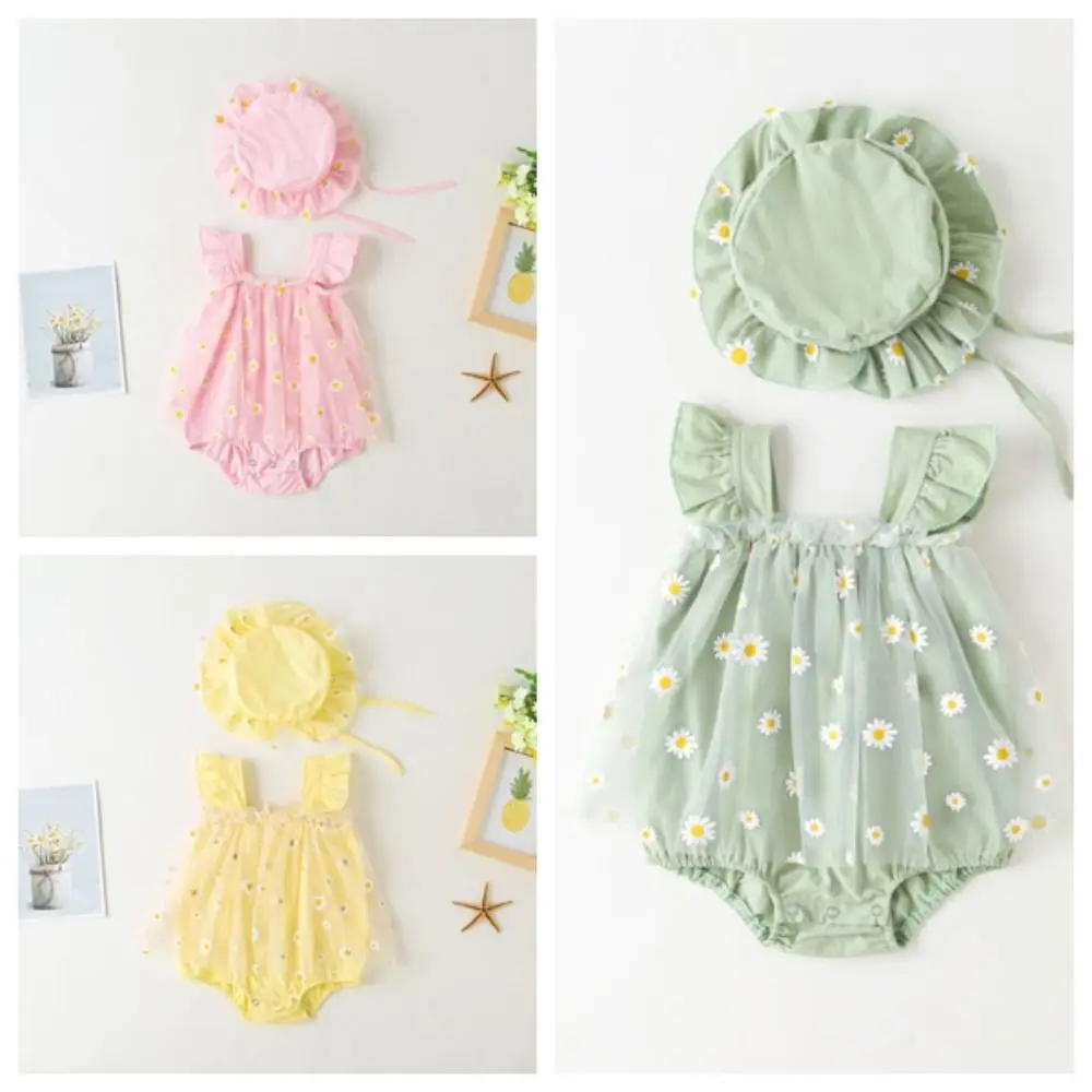 Mesh Flower Baby Princess Dress with Hat Sleeveless Sweet Thin Baby Climbing Suit Infant Romper Loose Toddle Jumpsuits