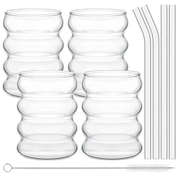 Leeseph Vintage Ribbed Glassware Set - Creative Aesthetic Cups with Straws (4-Piece) - 300ml (Transparent)