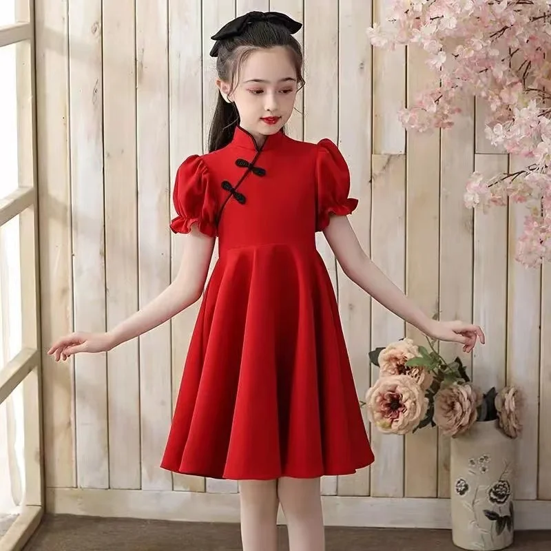 New Summer Qipao Dresses Princess Red Cotton Chinese Style Kids ...