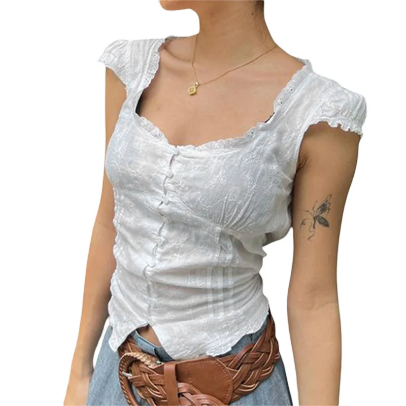 

Summer Casual Kawaii Crop Tops White Lace Trim Cap Sleeve Square Neck Tie-up Back Slim T-shirts Streetwear