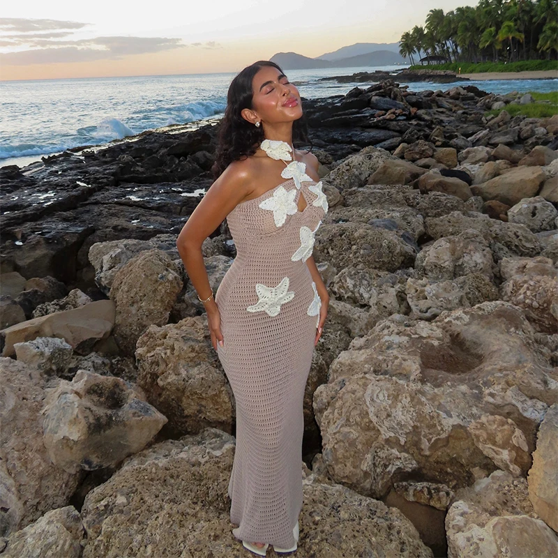 Sexy Knitted Flower Long Dress Women Hollow Halter Sleeveless Maxi Dresses Female Summer Fashion Vacation beach Vestidos
