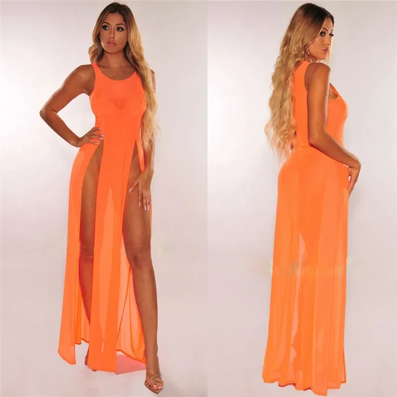 Sexy Womens Mesh Sheer Long Dress Ladies Bikini Cover Up Beach Sundress Solid See-through Long Dress Sleeveless Strap Dress 5