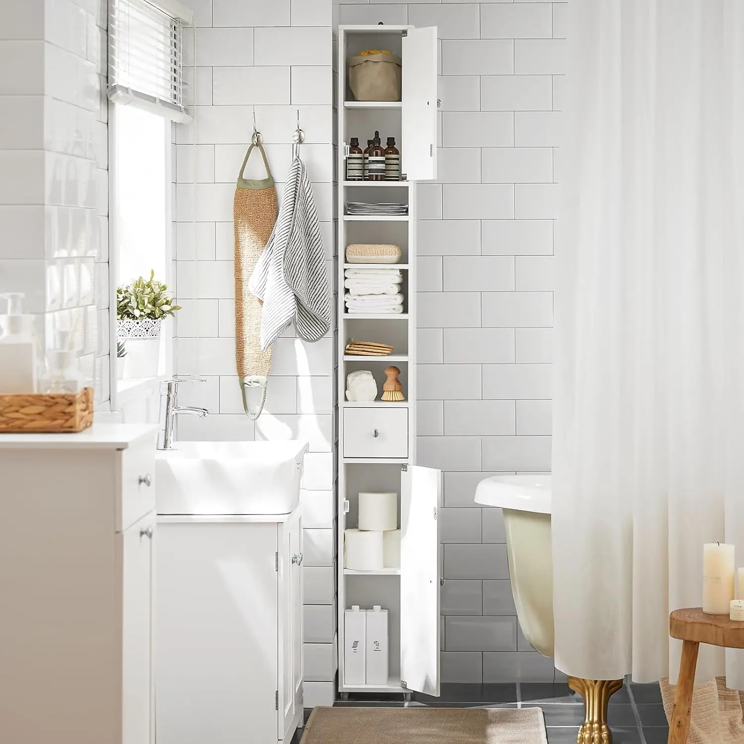 Narrow Storage Cabinet. Skinny Tall Unit. Adjustable Shelves. Anti-Tipping. Floor Standing. Laundry Room. White. BZR34-W.
