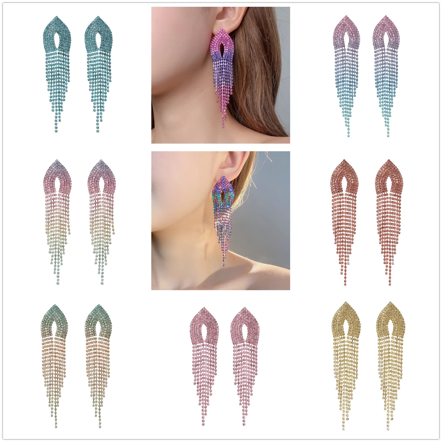 AD Beads Crystal Silk Tassel Rhinestone Earrings Or Pendant - 80mm Length, 10mm Cap, 25 Color Options (Style 1 Pink)