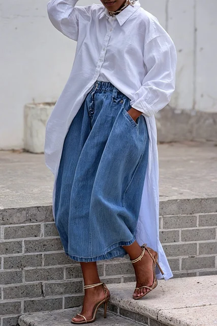 Plus Size Daily Blue Casual Pocket Wide Leg Denim Crop Jeans