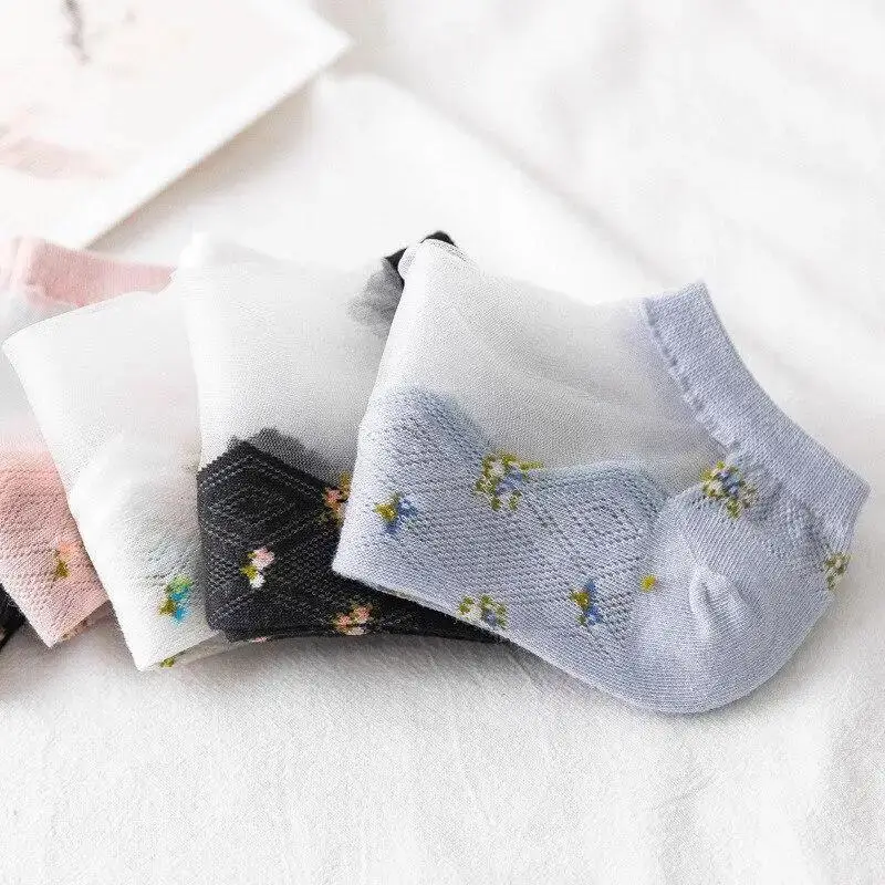 1Pcs Women Fashion Summer Glass Stockings Women Thin Stockings Small Floral Card Silk Socks Transparent Color Cotton Socks