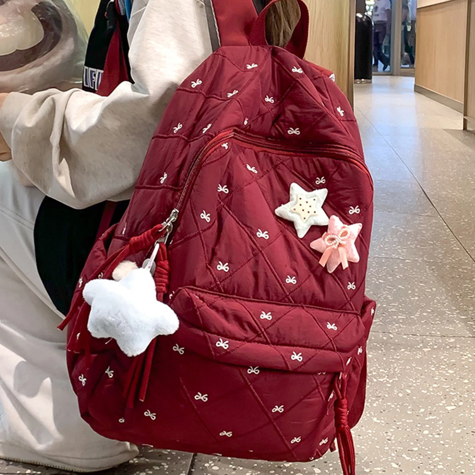 Soft Nylon Padded Rucksack with Pendant Bow Embroidery School Bag Large Capacity Bowknot Laptop Daypack Commute Backpack