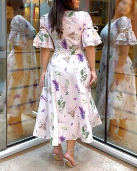 2025 Summer Womens Dresses New Fashion Floral Print Half Sleeve Shirred High Waist Casual Round Neck Long Dress with Belt 1