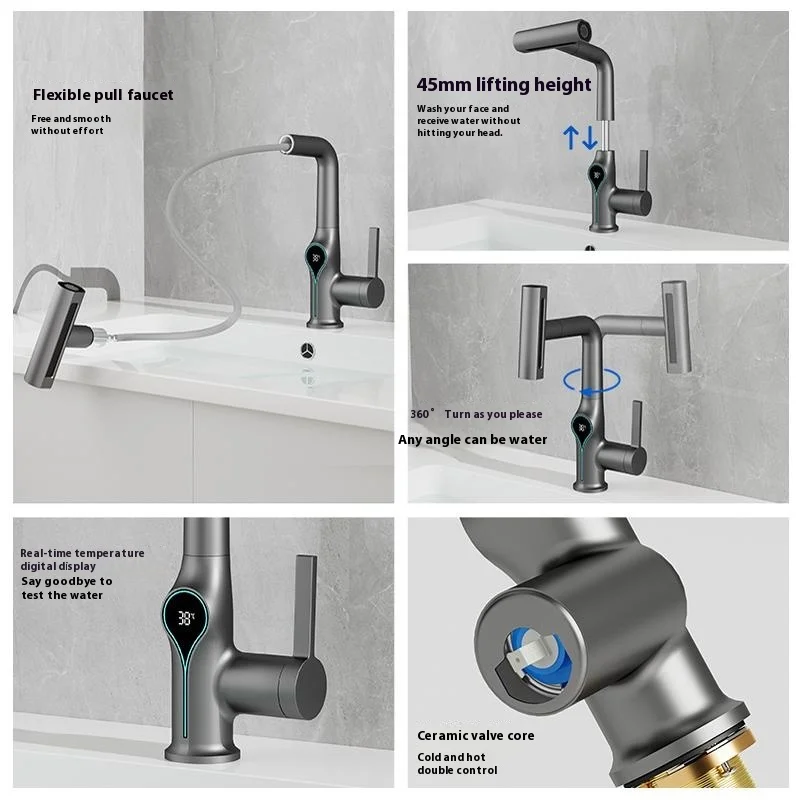 Full copper faucet pullout bathroom faucet lifting washbasin digital display smart pull-out rotating anti-splash water basin tap 2