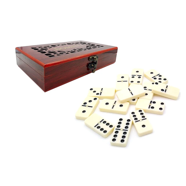 Dominoes Professional Synthetic Bone Set 28 Pieces Ivory C/Central Pin  Luxury Wooden Box, Luxury Wooden