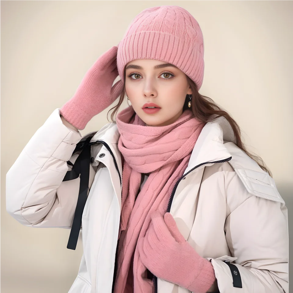 Winter clothes casual keep warm fur glove thickening hat set knitted scarf