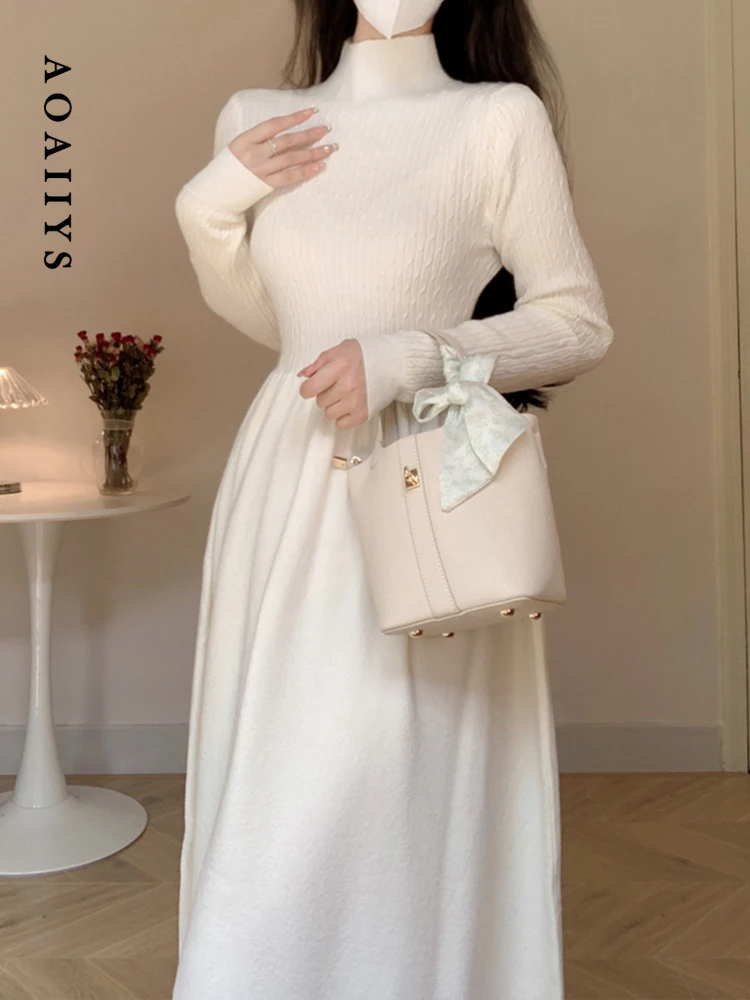 

Aoaiiys Dresses for Women Dress 2023 A-Line Autumn Basic Half High Collar Slim Knitted Mid-Calf Dress Solid High Waisted Dresses