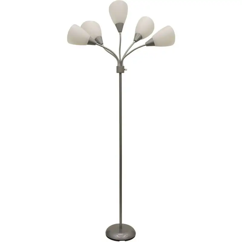 

Multihead Floor Lamp, Silver with White Shade and a Metal Base