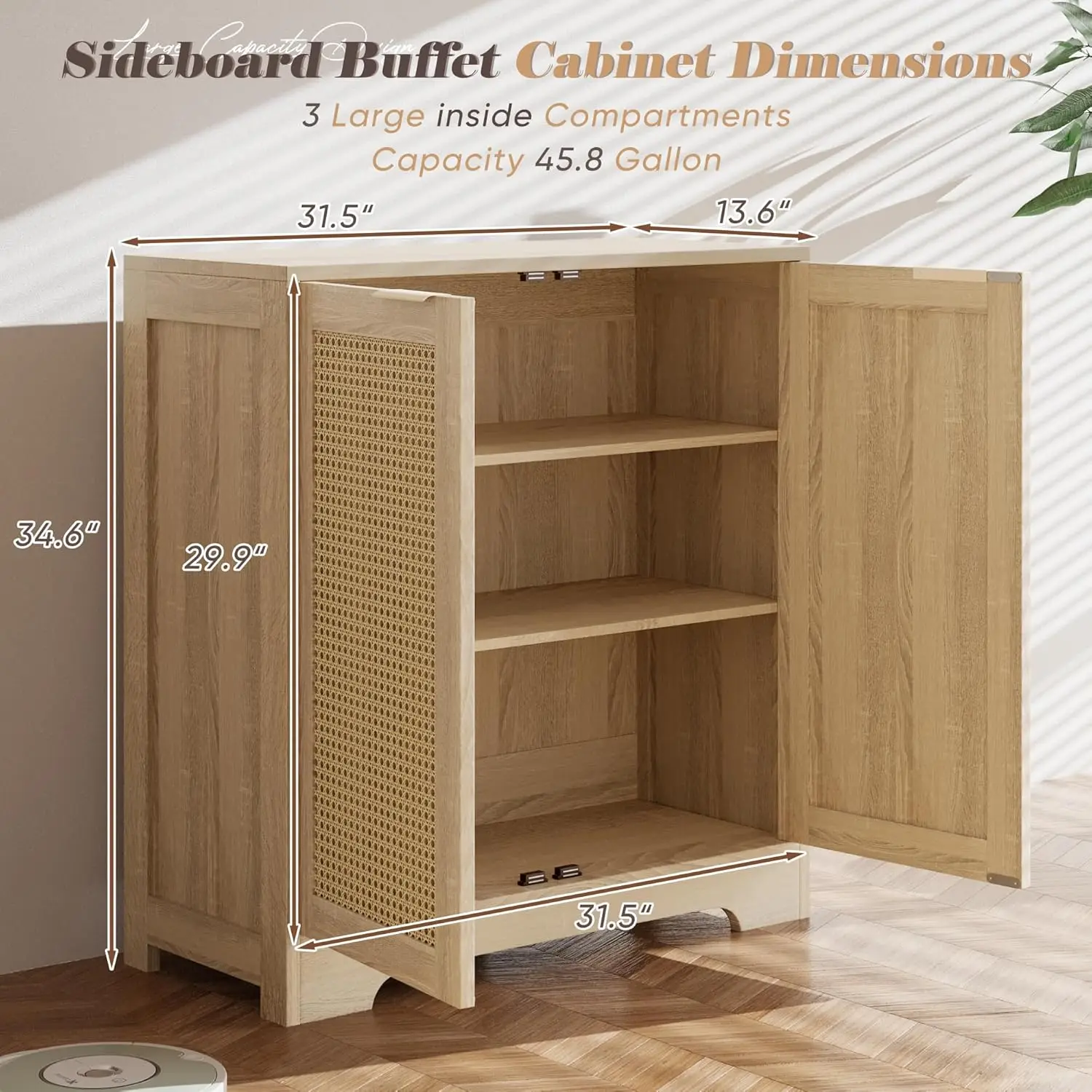 Buffet Bar Cabinet. Rattan Doors. TV Stand. Console Table. Adjustable Shelf. Dining Room, Living Room, Hallway. Beige.