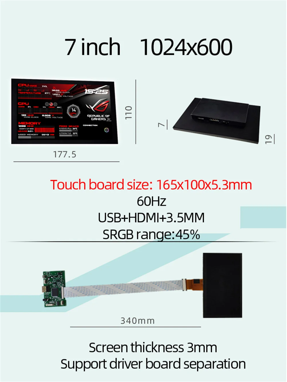 hd pc tela secundária polegada polegada es touchable monitor display cpu temperture detector de dados ips