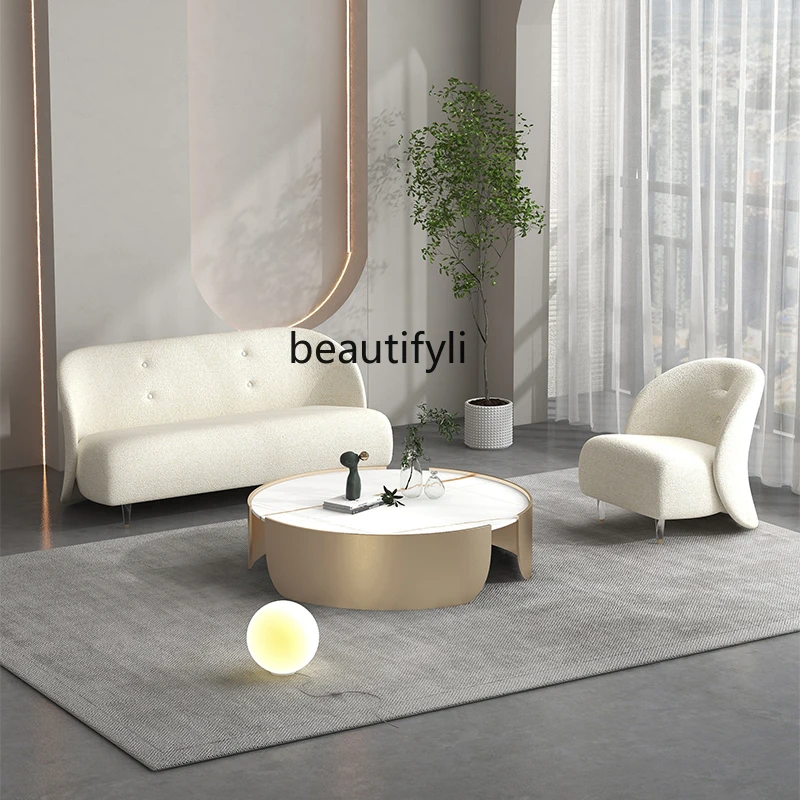 

yj Light Luxury Fabric Sofa Nordic Living Room Beauty Salon Restaurant White Lambswool Minimalist