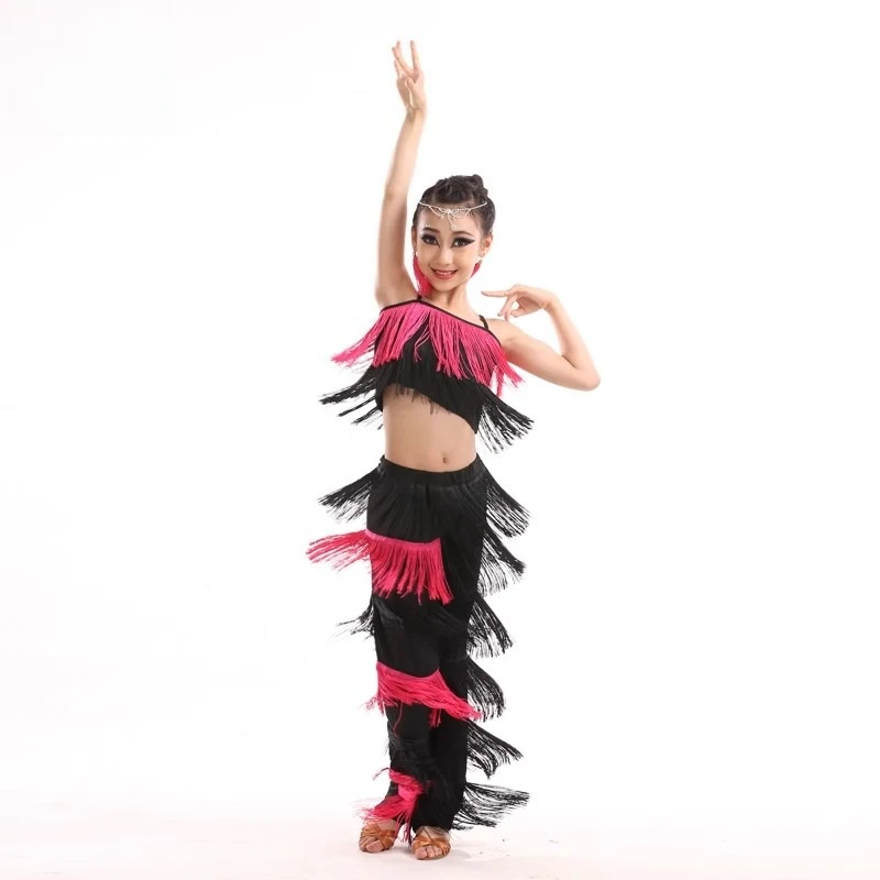 Teenager Latin Dance Pantsuit Costumes Fringe Tassel Dress Pants Ballroom Plus Size Girls Salsa Samba Stage Outfits Costum