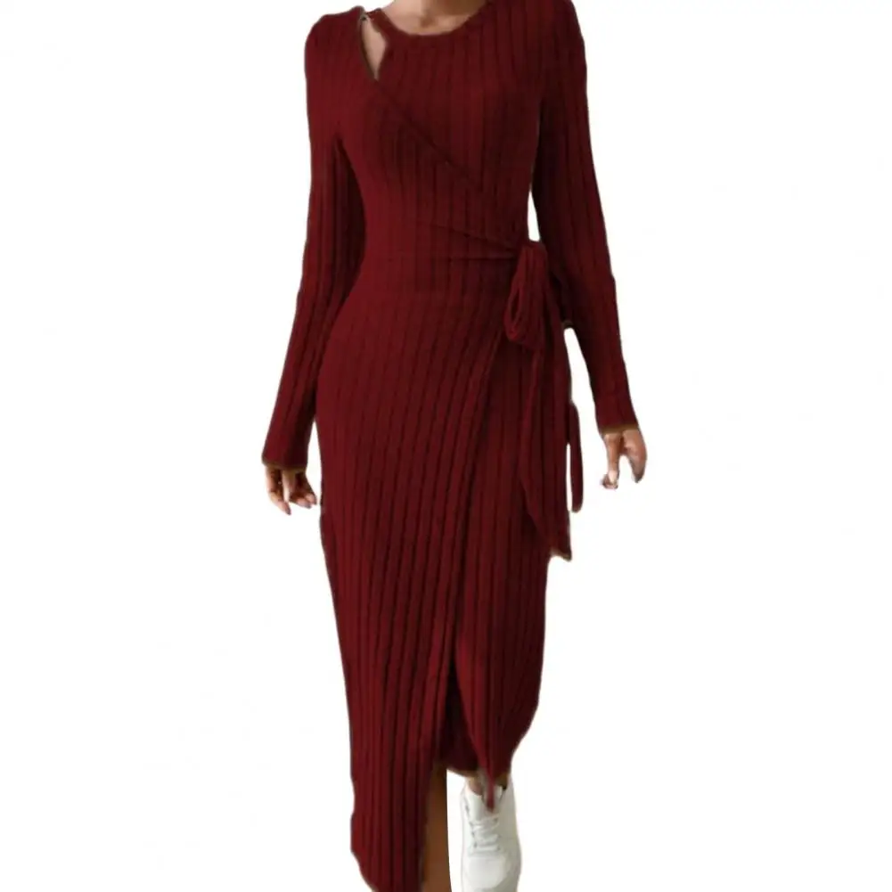 

Женское платье, Элегантное трикотажное платье макси со шнуровкой на талии, асимметричный подол для женщин, модное дышащее женское платье на осень/зиму