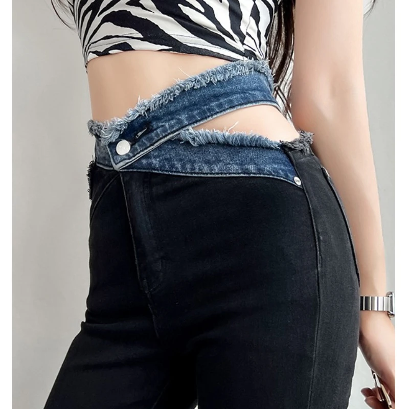 High Waist elastic jeans women's Raw Hem Flare Jeans Denim Pants Femme wide  leg Full Length Slim Jeans| | - AliExpress