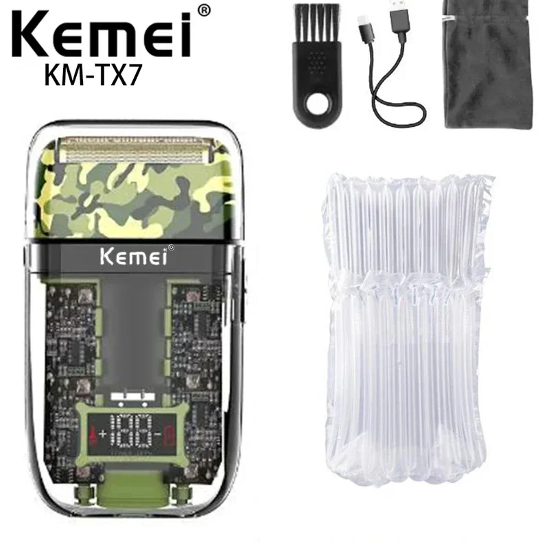 Kemei KM-TX7 Transparent Fuselage 1200 mAh Lithium Battery Electric Shaver USB Rechargeable Waterproof Reciprocating Razor 2