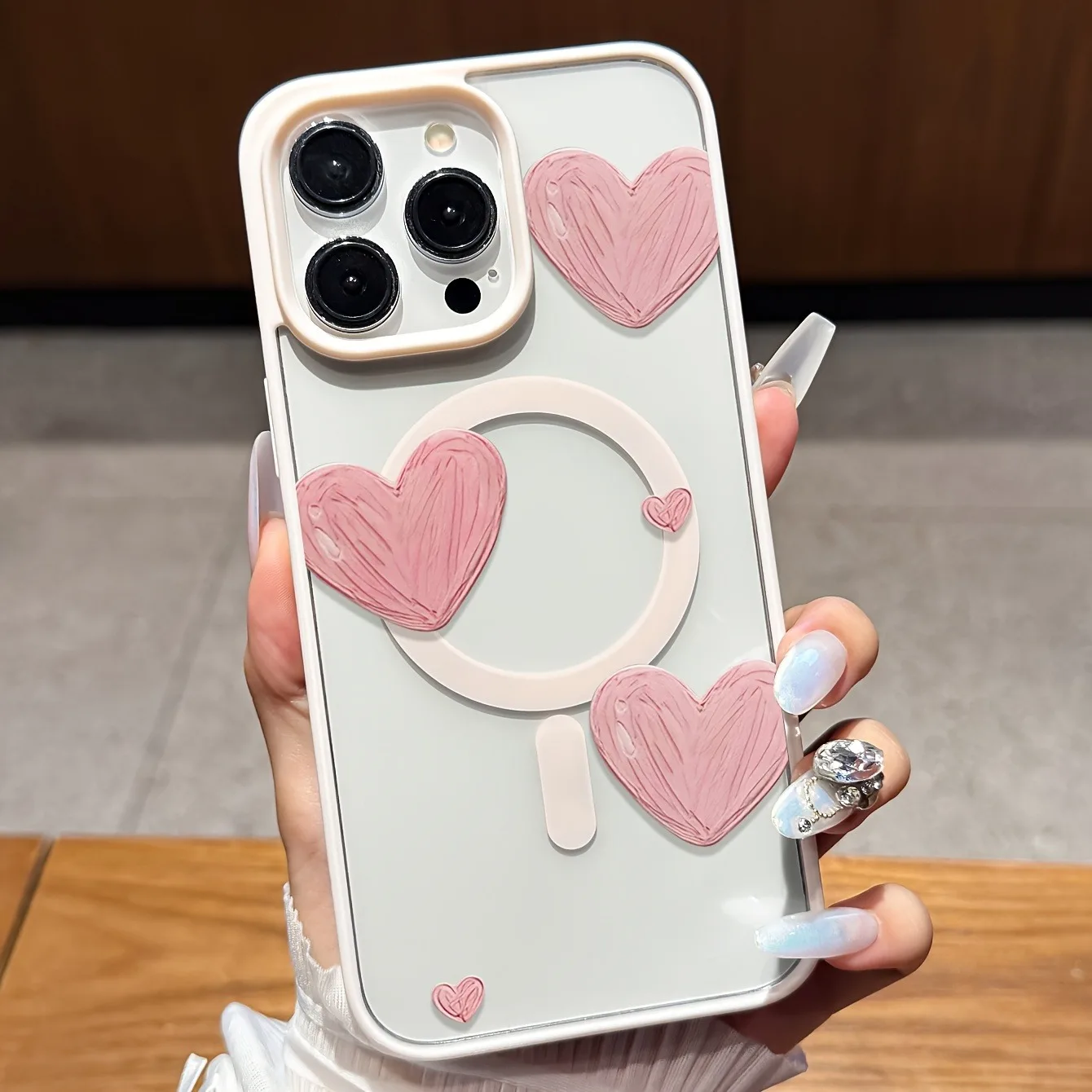 Hand-Painted Pink Heart Magnetic Phone Case with Bumper Cover