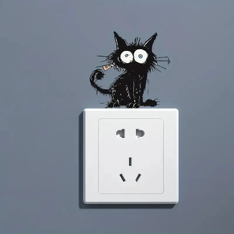 Contemporary Style Black Cat Wall Sticker, Animal Print Self-Adhesive Switch Decal for Living Room Bedroom