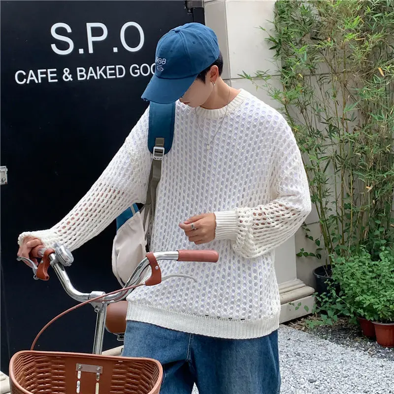 Men Autumn High-end Design Trendy Tops in Knitwear Round Neck Loose Fishnet Solid Long-sleeved Hollow Sweatshirt Fashionable 2
