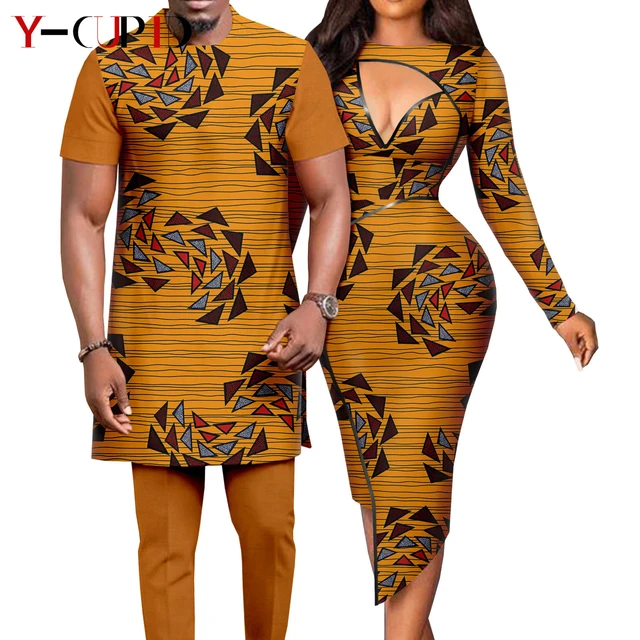 African Matching Outfit for Couples Bazin Riche Women Lace Long