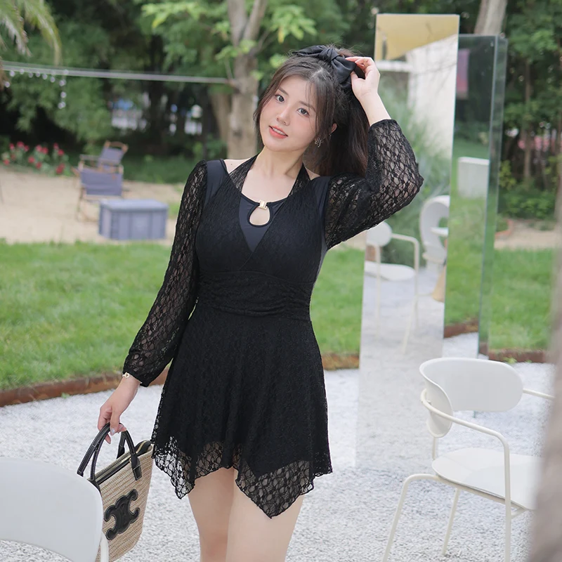 

Swimming Suit for Women 2023 Solid Women's Long Sleeve Halter Conservative Swimming Dress Hot Spring Monokini Plus Size Swimwear