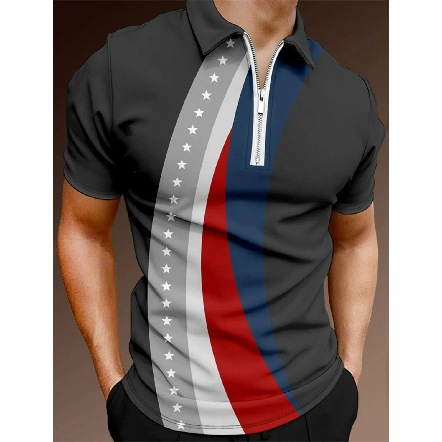 

Summer Polo Shirt Men Zipper Lapel Striped Star Fashion Top Shirt Casual Streetwear Oversize Short Sleeve Business Golf Clothing