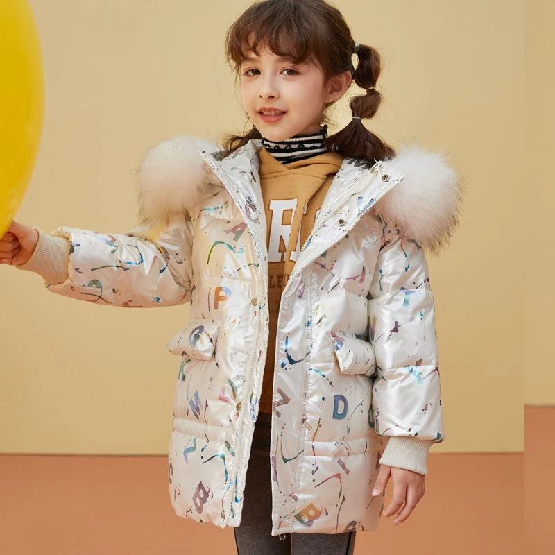 HSSCZL girls duck down jacket long small girl 2022 new winter thicken outerwear overcoat hooded fur collar children&s clothes