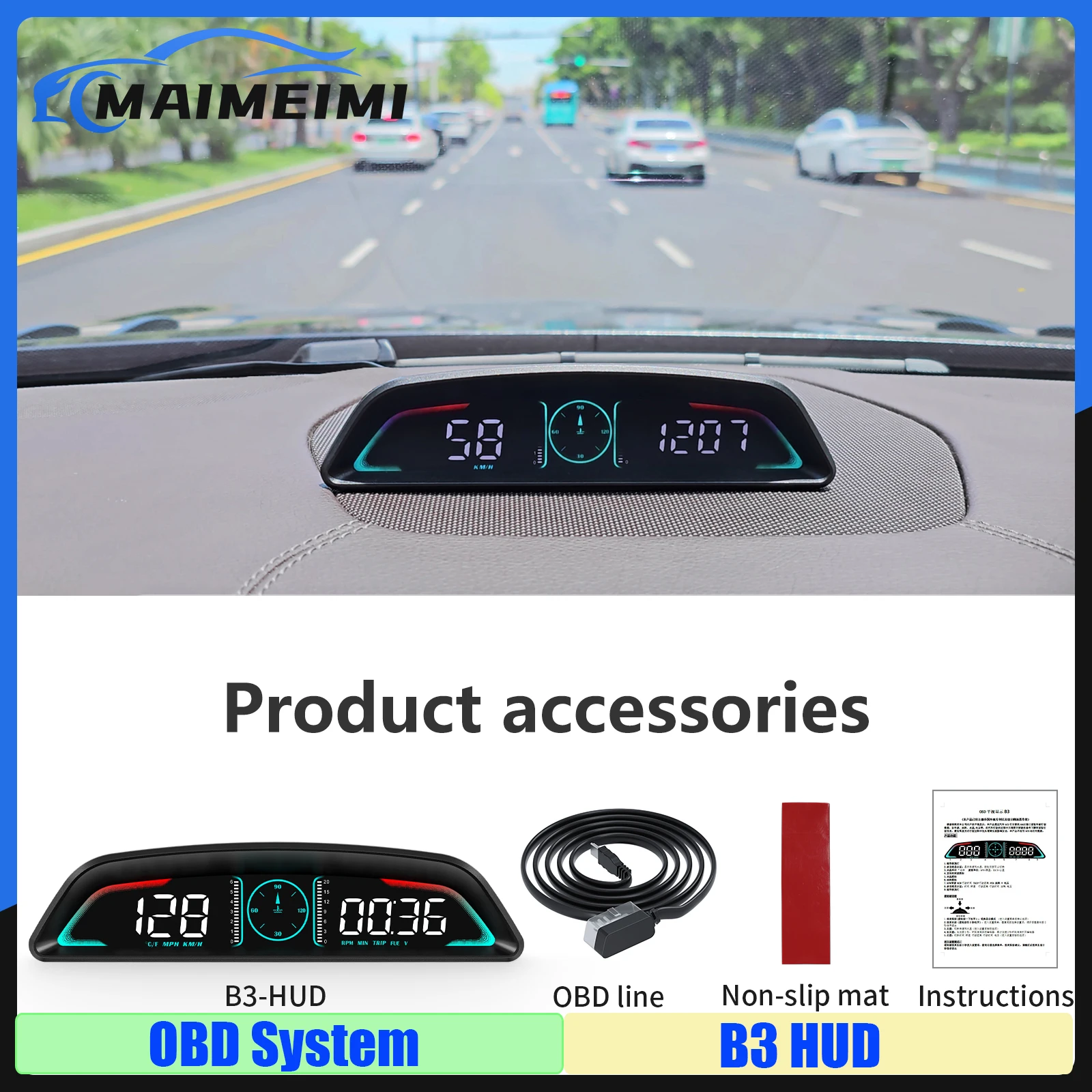 태양광hud B3 OBD HUD GPS 속도 시계, 수온 연료 소비 전압 시간 거리, 과속 RPM 알람 헤드 업 디스플레이 포함 태양광hud B3 OBD HUD GPS 속도 시계, 수온 연료 소비 전압 시간 거리, 과속 RPM 알람 헤드 업 디스플레이 포함