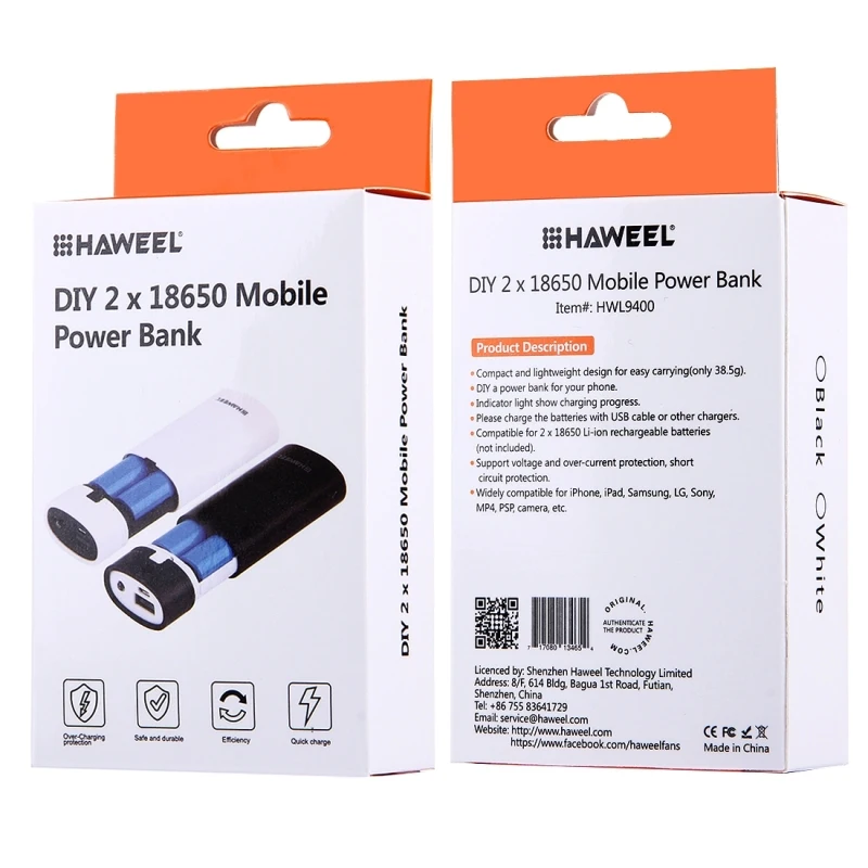 HAWEEL Phone Power Bank Box DIY 2x 18650 Battery 5600mAh Power Bank Shell Box with USB Output & Indicator, , Battery Not Include