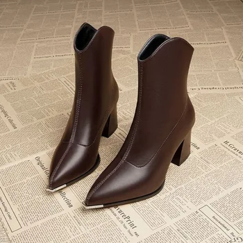 Women's autumn winter thick heeled pointed high-heeled short boots anti slip warm high rise simple comfortable women's shoes 1