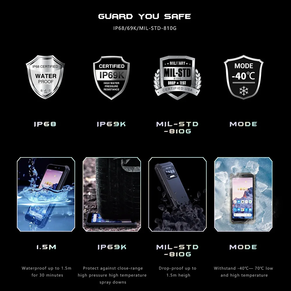IIIF150 H2022 IP68/IP69K Waterproof Rugged Phone 5.5" HD+ 4GB+32GB Cellphone 4800mAh Battery with NFC Smartphone 3