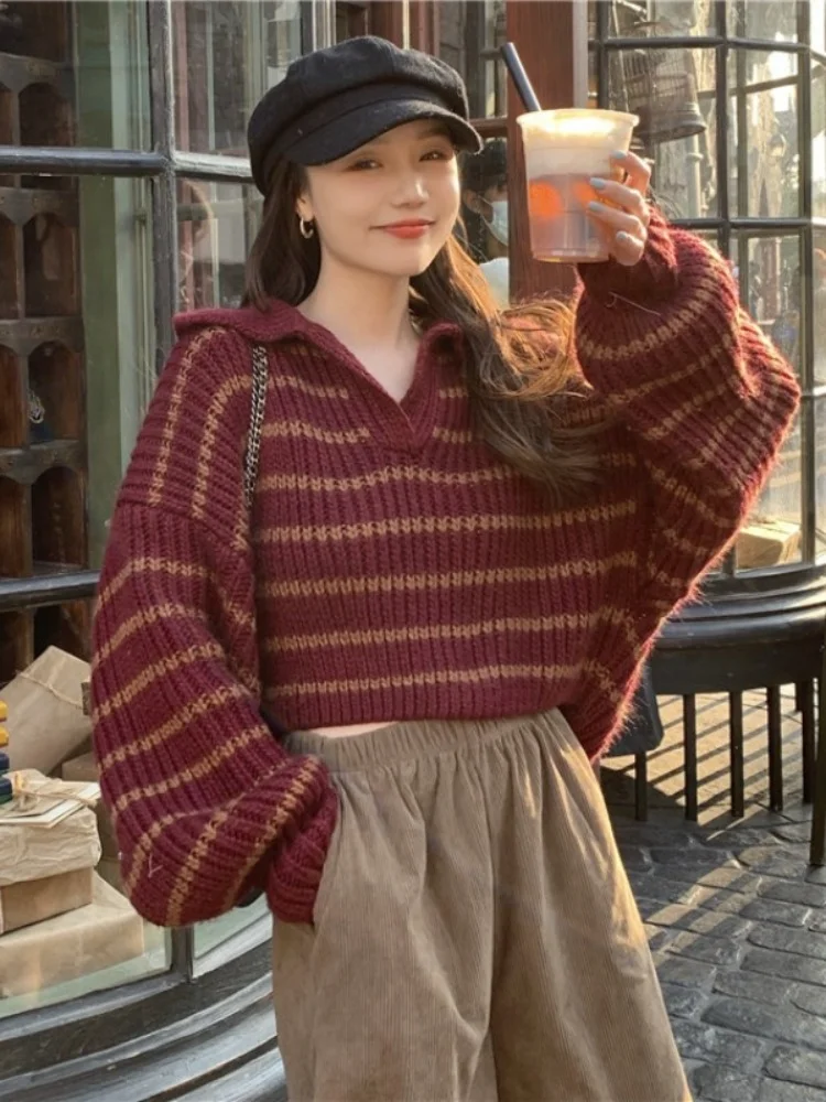 

Sweater Striped Knit Pullovers Women's Clothing Spring Autumn New Jumpers 2023 Loose Sweaters Short Cropped Top Soft Outifits