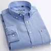 Men's long sleeved Oxford plaid striped casual shirt with front chest pocket, regular fit, button style thick neck work shirt