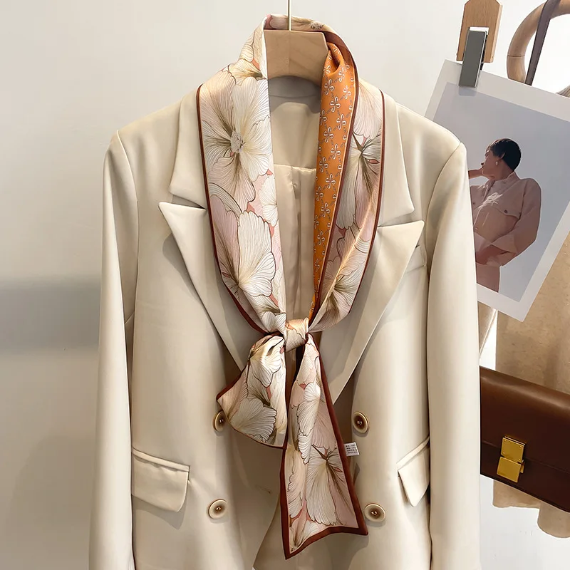 women's silk printed long narrow scarf