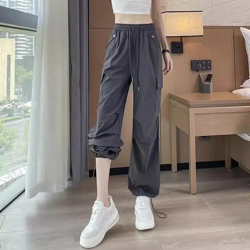 패셔너블한 신상 커플 스포츠 팬츠 하이웨이스트 루즈 와이드 레그 팬츠 개성있는 다기능 하이킹 아메리칸 캐주얼 팬츠