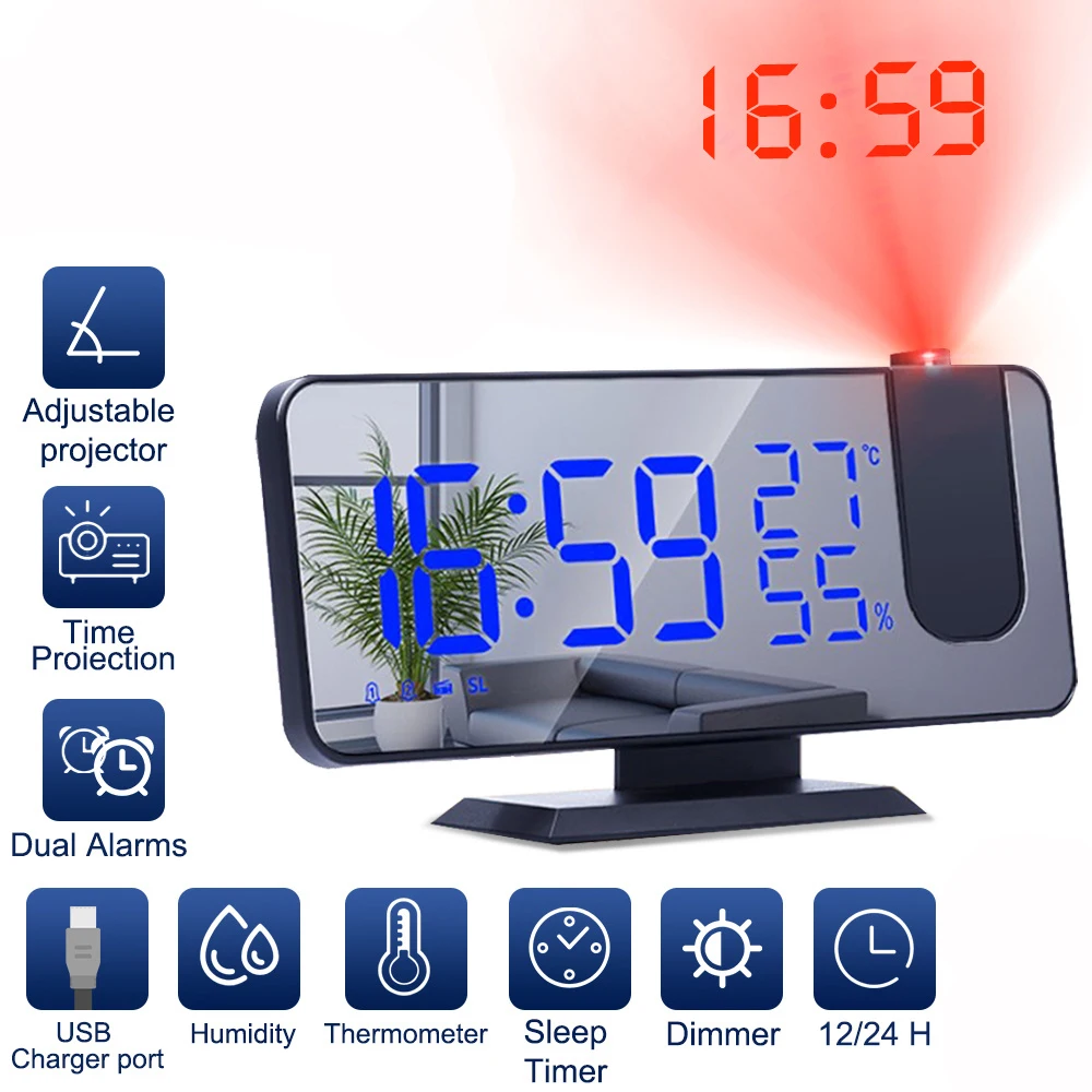 Digitaler RGB Spiegel Wecker - 15 Farben & Nachtlicht | 2 USB-Ladeports | Spiegelfläche