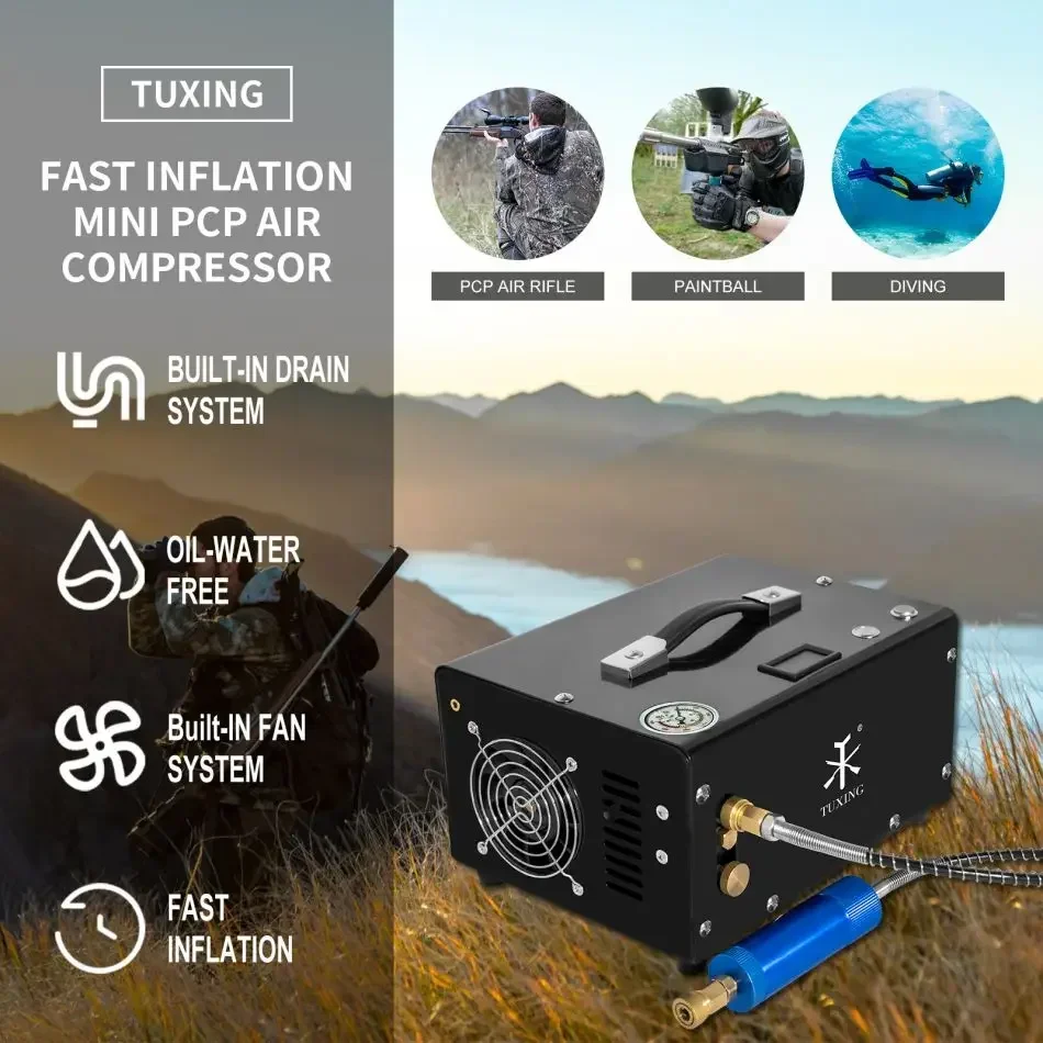 Compressor PCP TUDIVING 4500Psi - Portátil Para Mergulho E Armas PCP 12V/220V