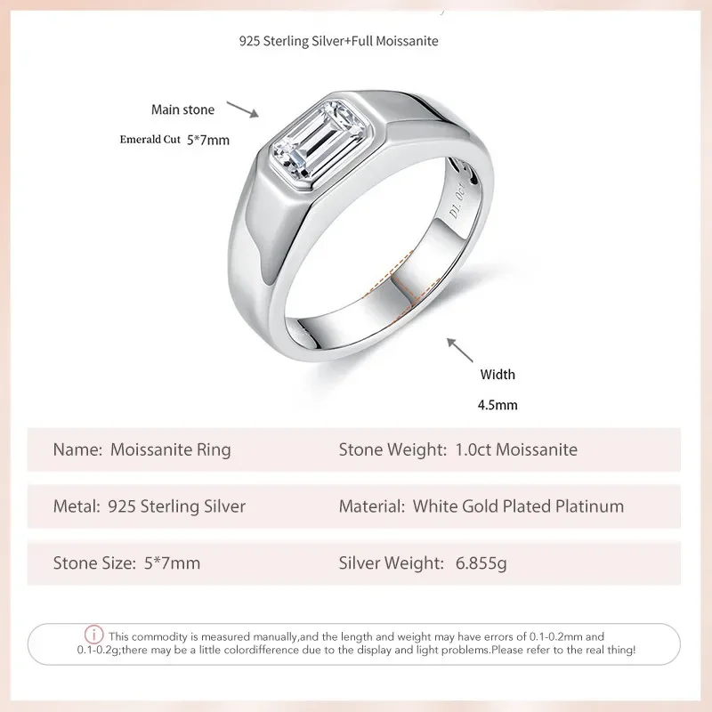 Follow Cloud 5*7mm 1.0ct Emerald Cut Moissanite Diamond Engagement Ring for Men 925 Sterling Silver Plated 18K Gold Wedding Band 2