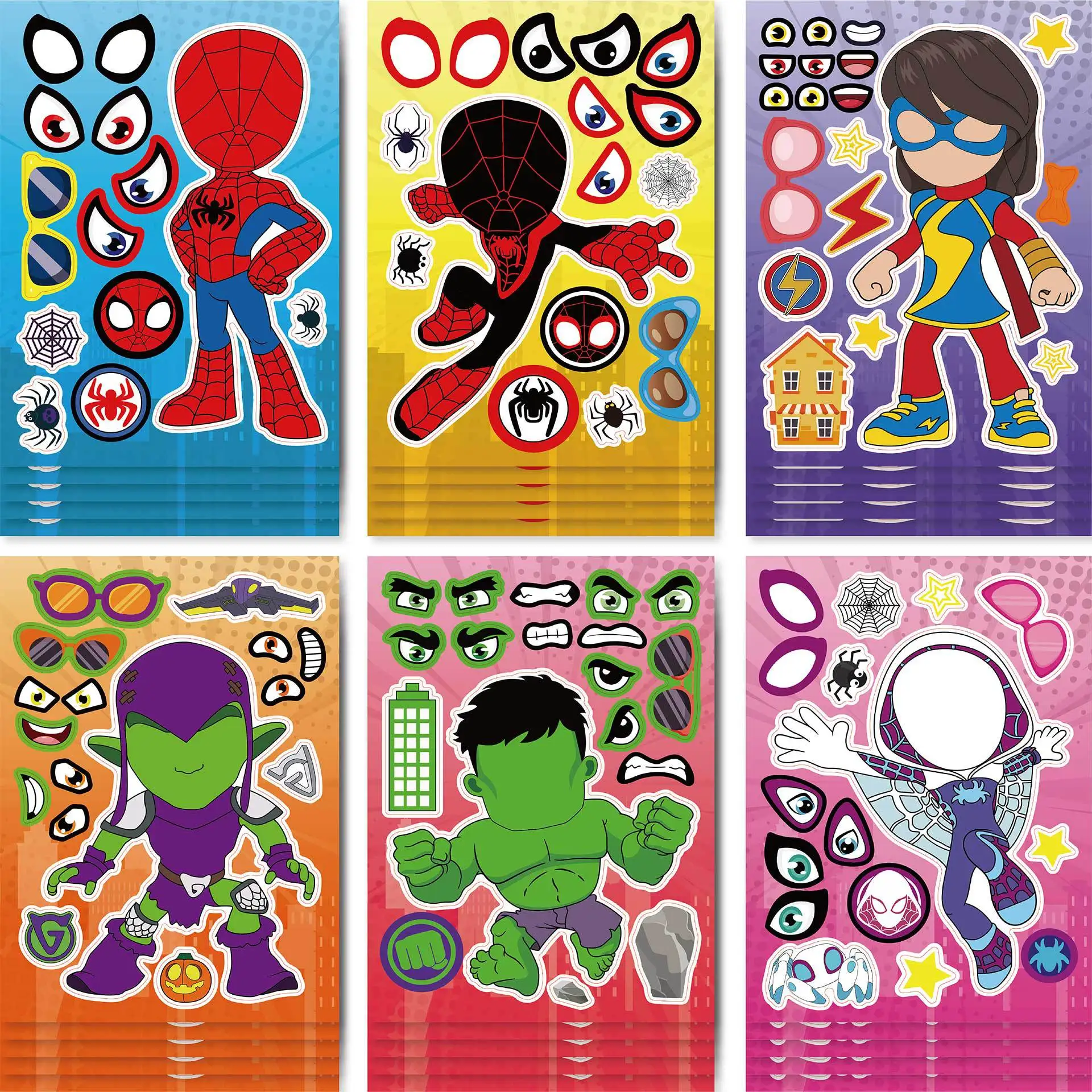 Pegatinas de Disney de para ensamblaje de juguetes, 6/12 hojas de pegatinas de rompecabezas de cara Spider-Man y sus amigos increíbles para niños -